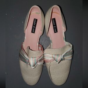 Neutral Beige Sabrina Bow Flats Women’s 8.5M Beige Canvas Slip-On Low Heel Shoes